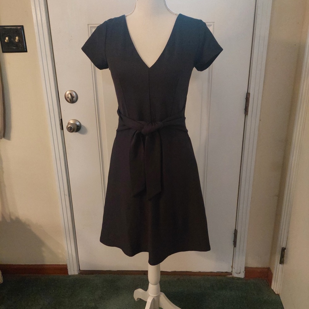 Loft Womens 2 Textured Knee Lenght A Line Dress V Neck Cap Sleeves Self Tie Belt